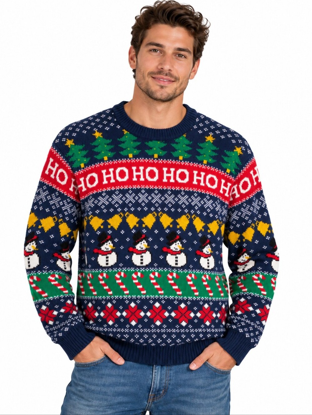 Urban Heritage Christmas Ugly Sweater Men’s Large Navy Ho Ho Ho Snowman